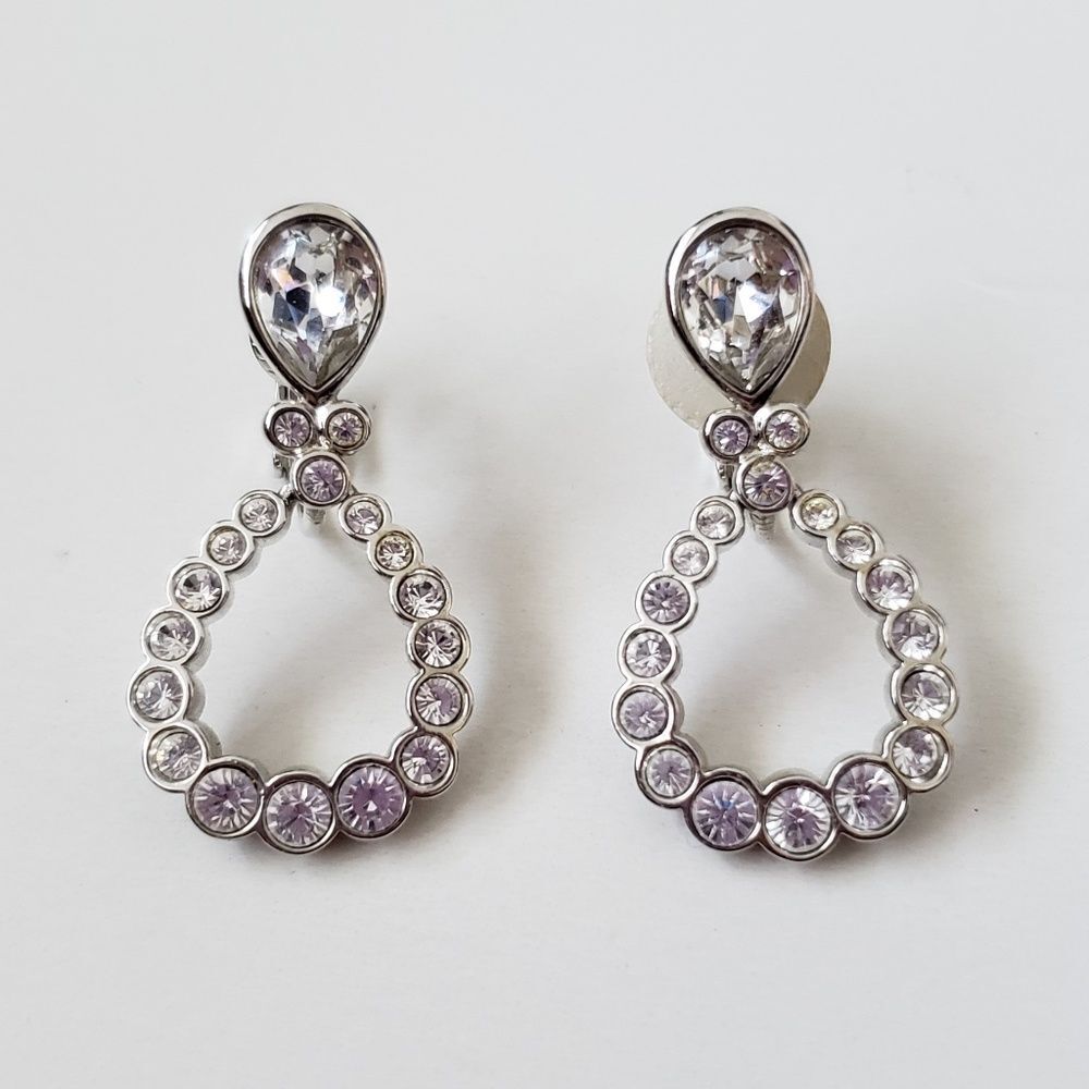 Swarovski Crystal White Pear & Round Cut Rhodium Plate Clip Drop Earrings